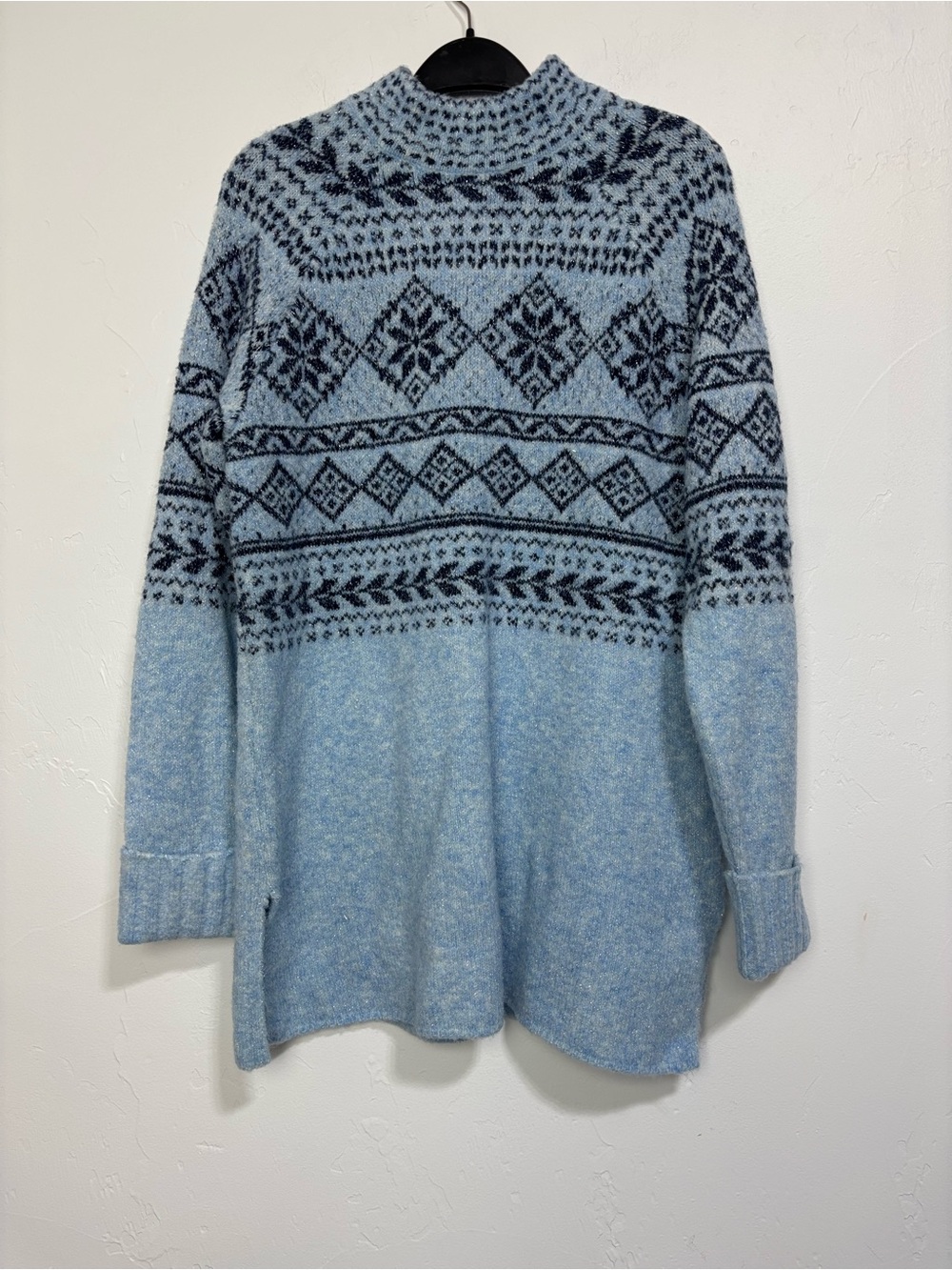 Style & Co Blue Fair Isle Mock Neck Metallic Knit Pullover Sweater Medium Tunic
